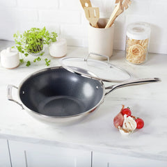 12 inch, Stainless Steel, Ceramic Hybrid Nonstick Wok With Lid, Silver