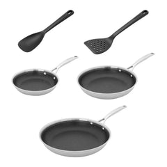 5 pc, Stainless Steel, Hybrid Nonstick Frying Pan Set With Silicone Tools