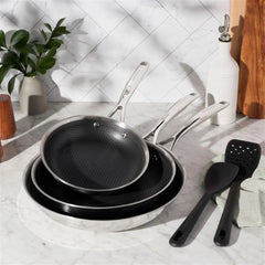 5 pc, Stainless Steel, Hybrid Nonstick Frying Pan Set With Silicone Tools
